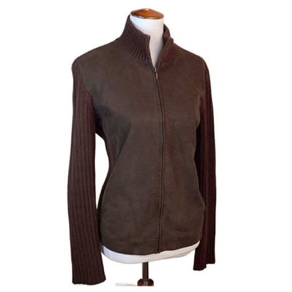 Jones New York Sport Brown Suede Mixed Media Full Zip Jacket (Size: Large) - Picture 1 of 12